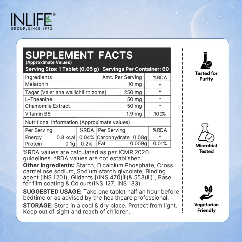 Inlife Melatonin (10mg) with Tagar (250mg), Veg. Tablets