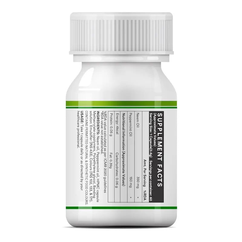 Inlife Neem & Peppermint Oil Capsules | 500mg | Enteric Coated Veg. Capsules