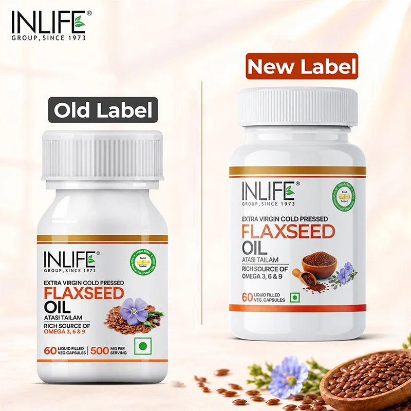 Inlife Flaxseed Oil Omega 3, 6, 9 Fatty Acids Supplement, 500mg, Veg. Capsules