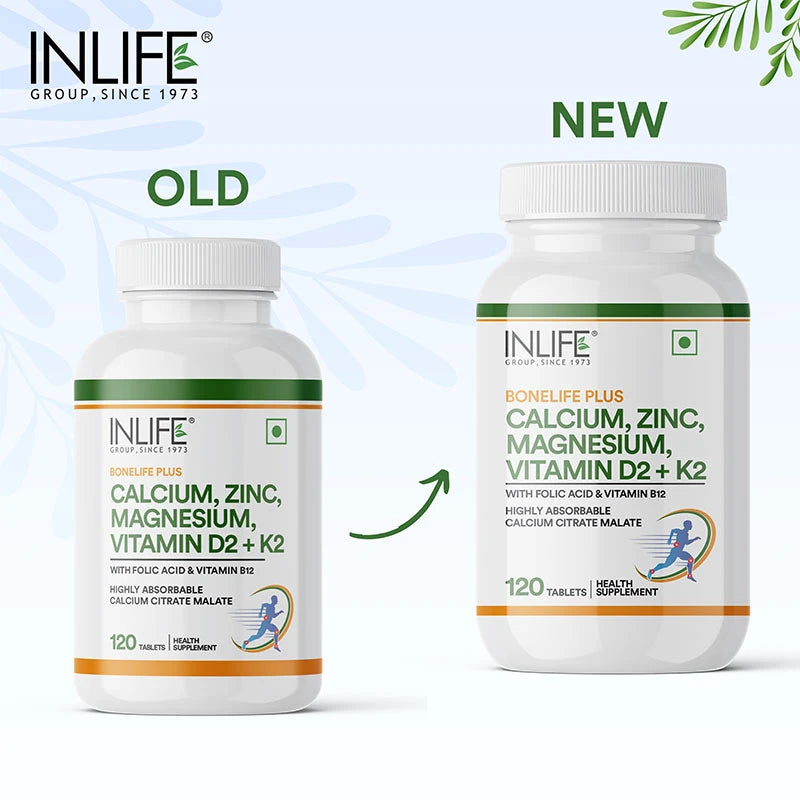 Inlife Bonelife Plus Formula | Calcium Citrate Malate, Magnesium, Zinc, Folic Acid, Vitamin D2, K2 & B12 | Supports Bone & Nutritional Health Tablets
