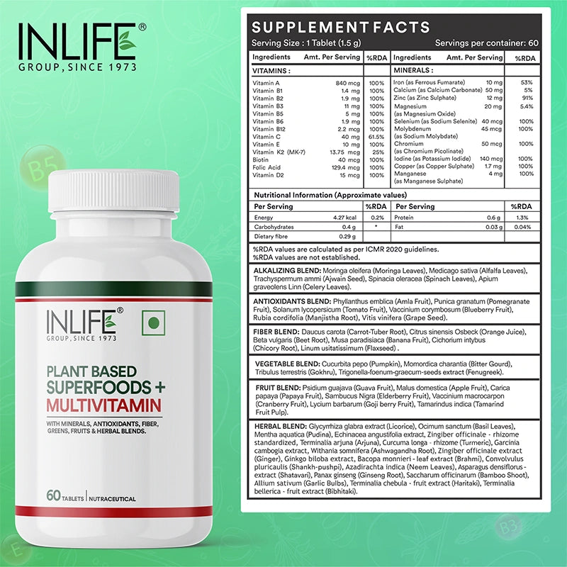 Inlife Plant Based Multivitamins for Men & Women + Superfood, Veg. Tablets