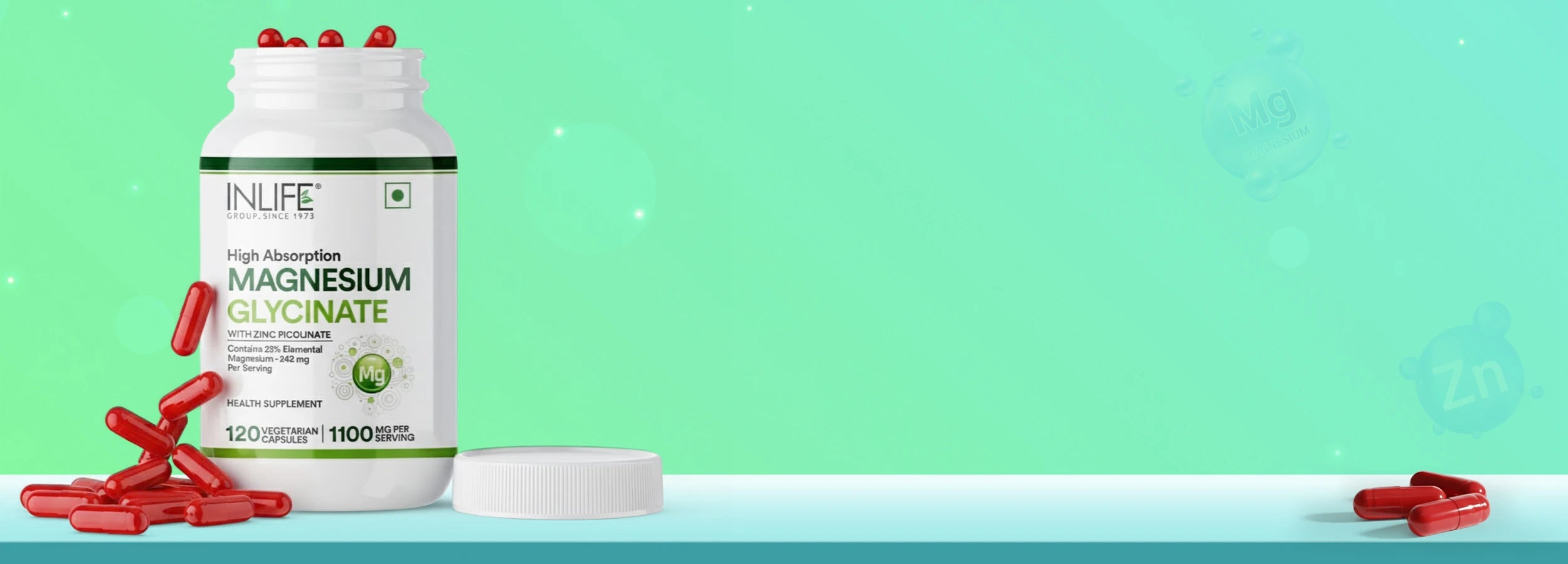 Close-up of text confirming the use of Premium Ingredients in Inlife Magnesium Glycinate and Zinc Capsules, including chelated Magnesium Glycinate and Zinc Picolinate for high absorption, superior bioavailability, and minimal side effects.