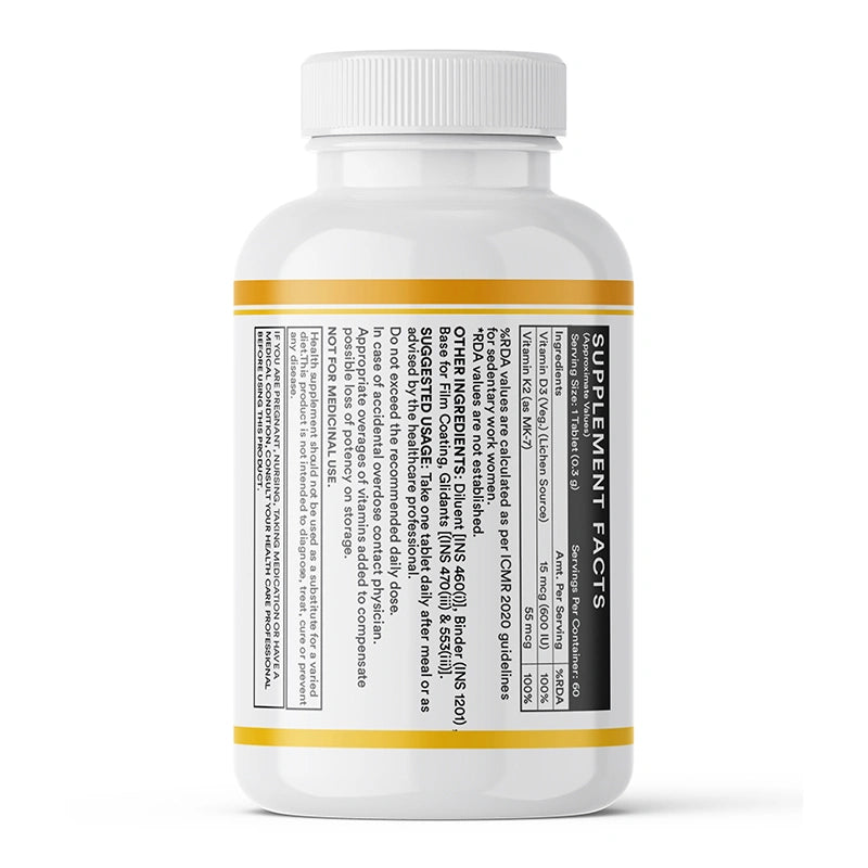 Inlife Plant-Based Vitamin D3 + K2 (MK7), 600 IU Lichen-Sourced D3 & 55 mcg MK7, Veg. Tablets