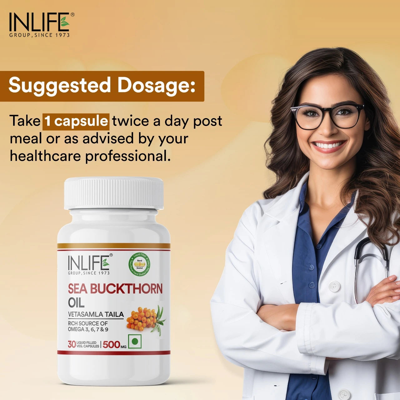 Inlife Sea Buckthorn Oil Omega 3 6 7 9 Fatty Acids Supplement | 500mg | Veg. Capsules