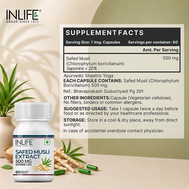 Inlife Safed Musli Extract Supplement, 500mg, Veg. Capsules
