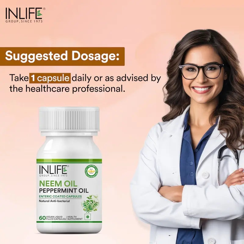 Inlife Neem & Peppermint Oil Capsules | 500mg | Enteric Coated Veg. Capsules