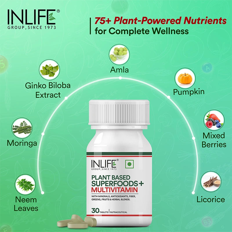 Inlife Plant Based Multivitamins for Men & Women, Superfood, 30 Veg.Tablets