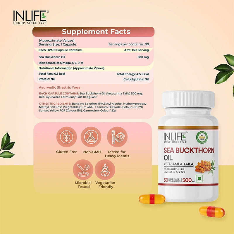 Inlife Sea Buckthorn Oil Omega 3 6 7 9 Fatty Acids Supplement, 500mg, Veg. Capsules