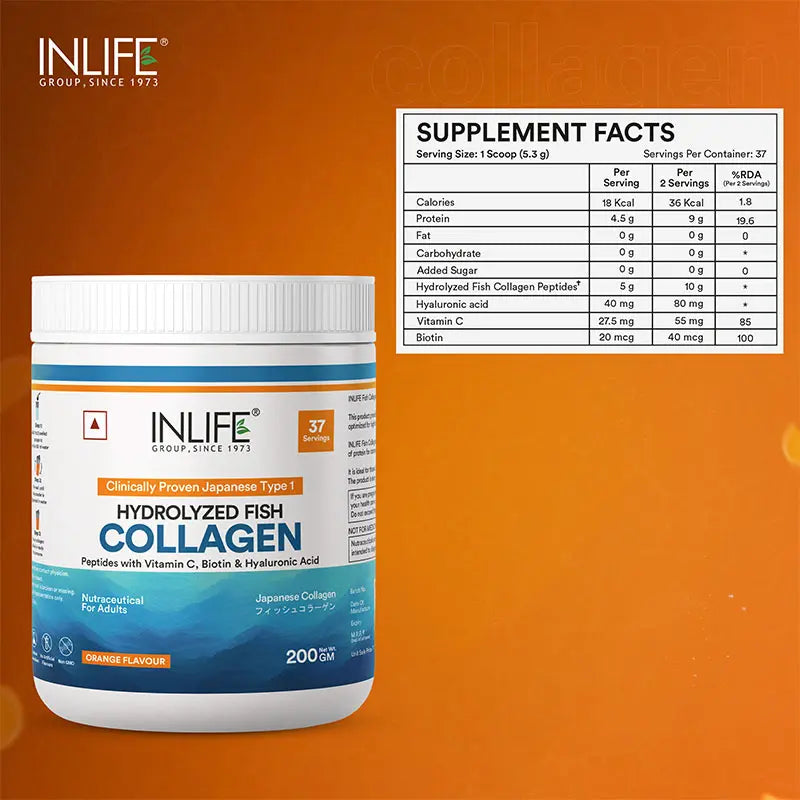 Inlife Japanese Marine Fish Collagen Supplements for Women & Men | Clinically Proven Ingredient | 200g Powder