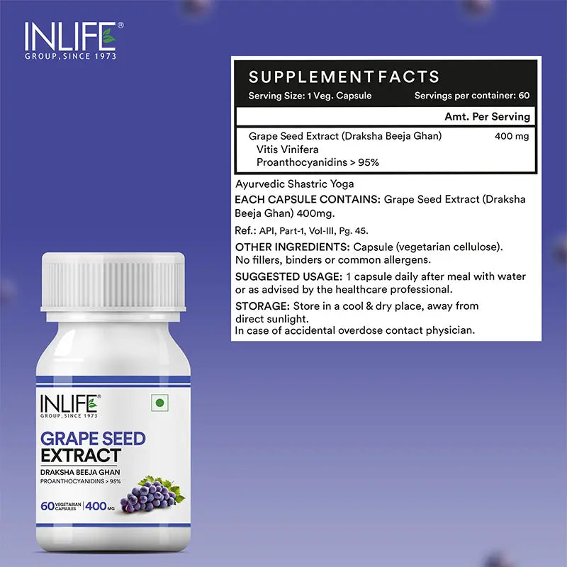Inlife Grape Seed Extract (Proanthocyanidins > 95%)|400mg| 60 Veg Capsules