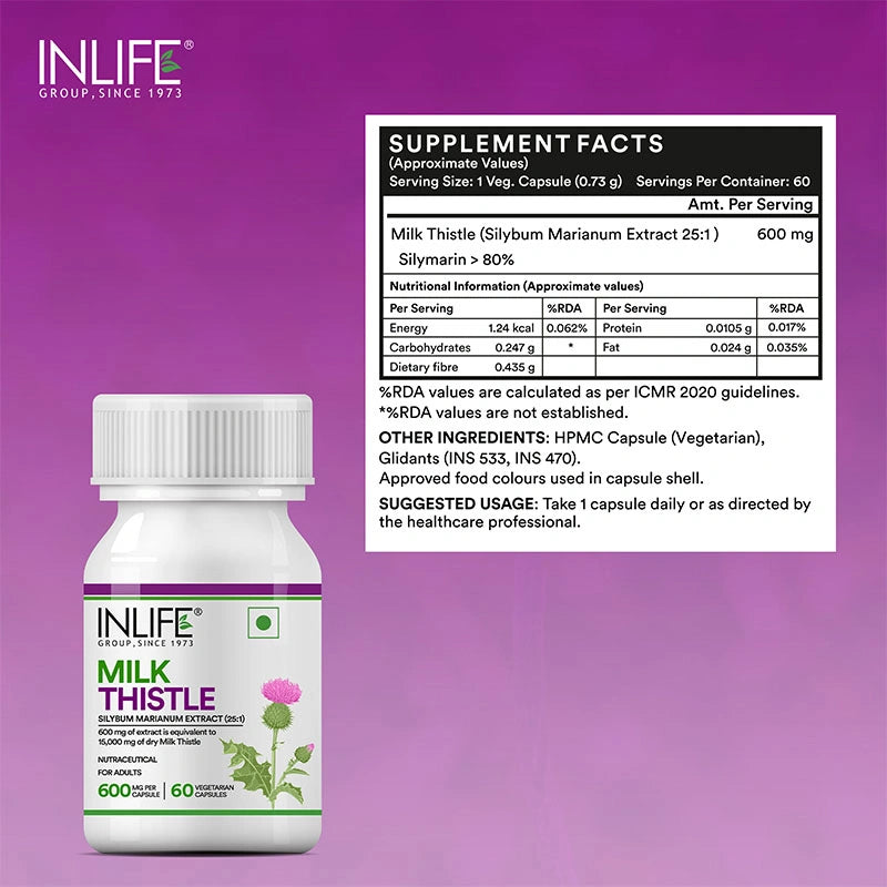 Inlife Milk Thistle Supplement (80% Silymarin), 600mg, Veg. Capsules