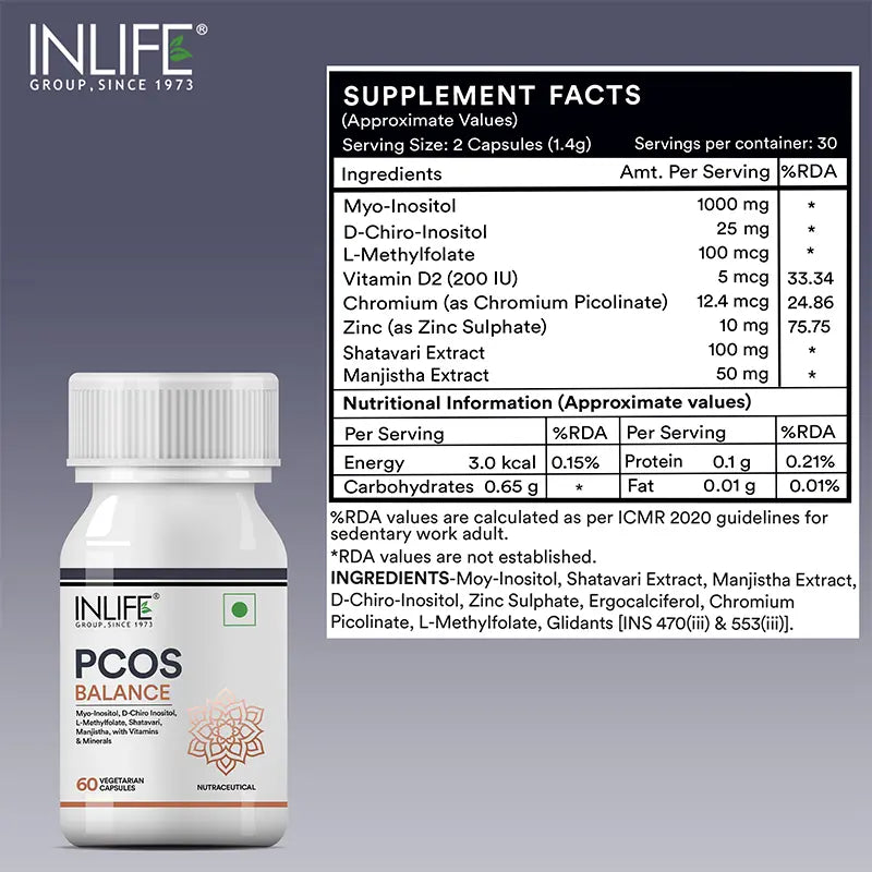 Inlife PCOS Balance Supplement for Women, Veg. Capsules