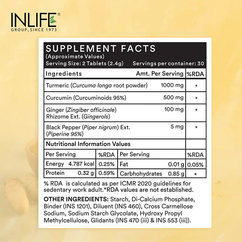 Inlife Turmeric Curcumin Tablets with Piperine | 95% Curcuminoids High-Absorption Supplements | Anti-Inflammatory & Antioxidant Support | 1605 mg per serving |60 Veg. Tablets
