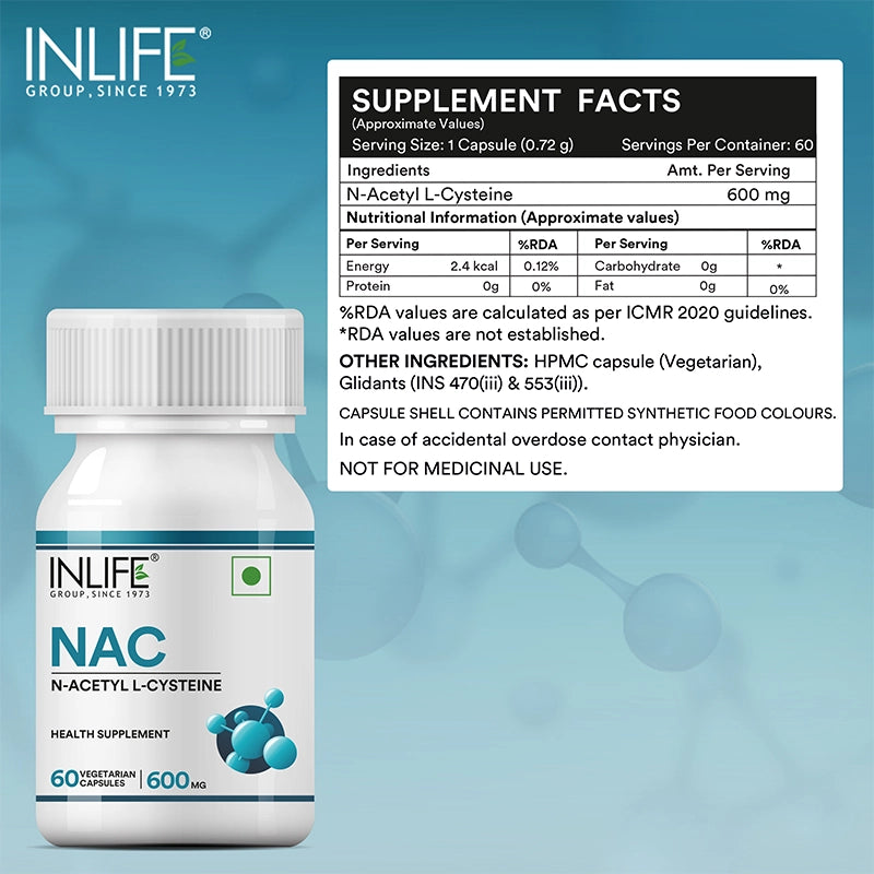 Inlife N-Acetyl Cysteine (NAC) Supplement 600mg, Supports Liver & Respiratory Health, Veg. Capsules