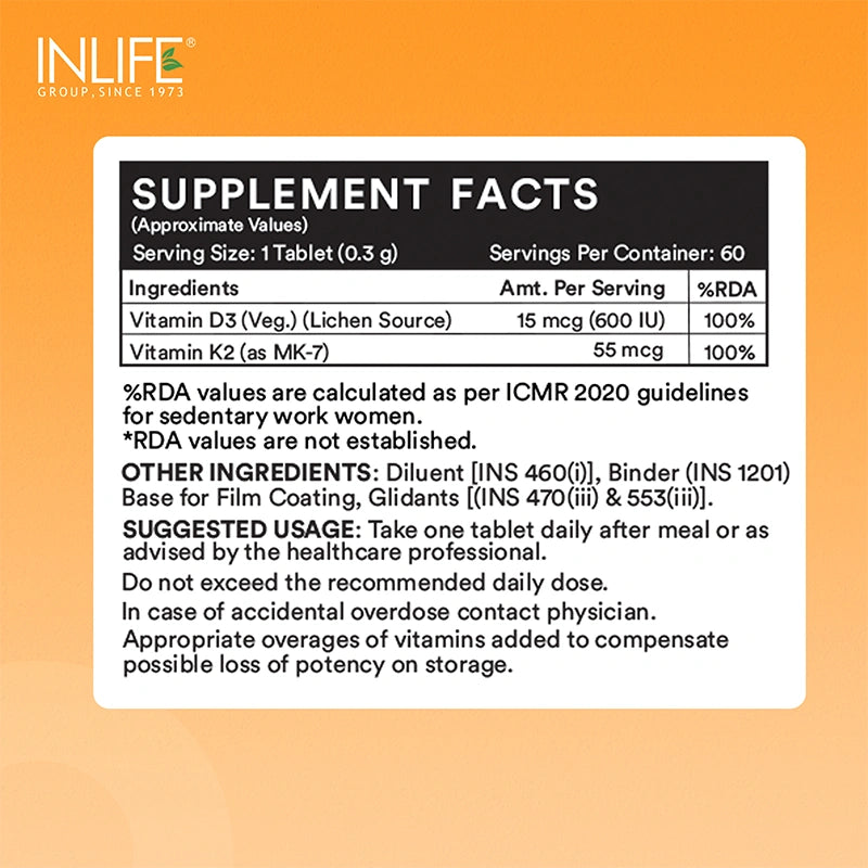 Inlife Plant-Based Vitamin D3 + K2 (MK7), 600 IU Lichen-Sourced D3 & 55 mcg MK7, Veg. Tablets