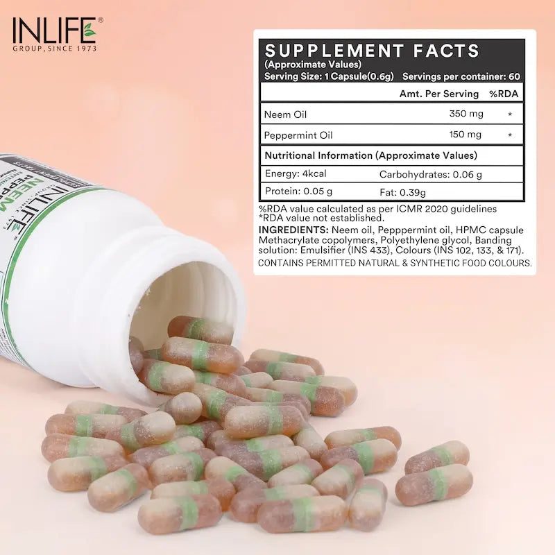 Inlife Neem & Peppermint Oil Capsules | 500mg | Enteric Coated Veg. Capsules