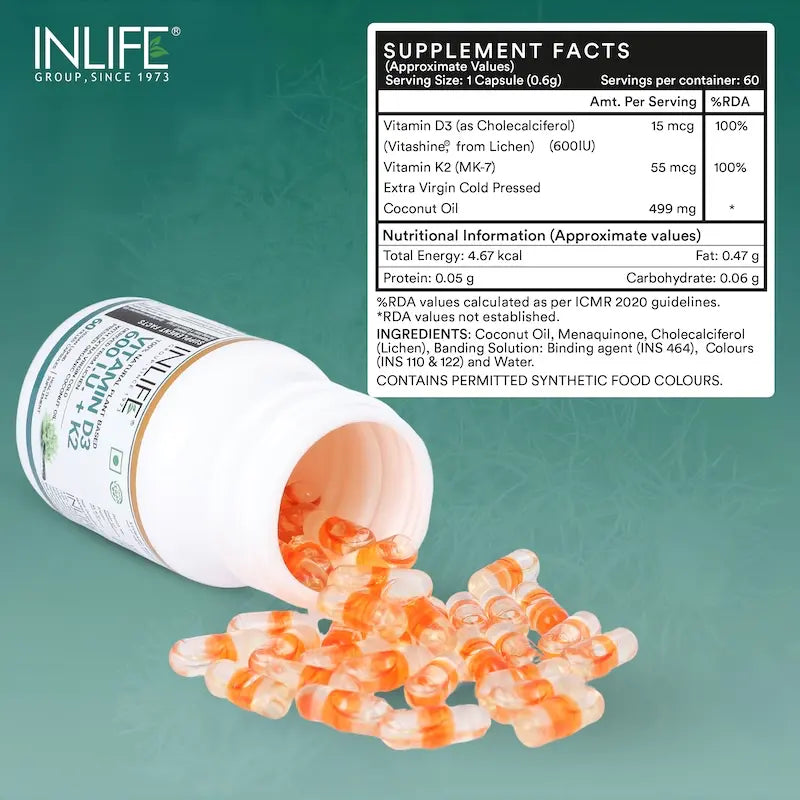 Inlife Magnesium Glycinate with Zinc + Inlife Vitamin D3 600 with K2 - MK7 Combo Pack