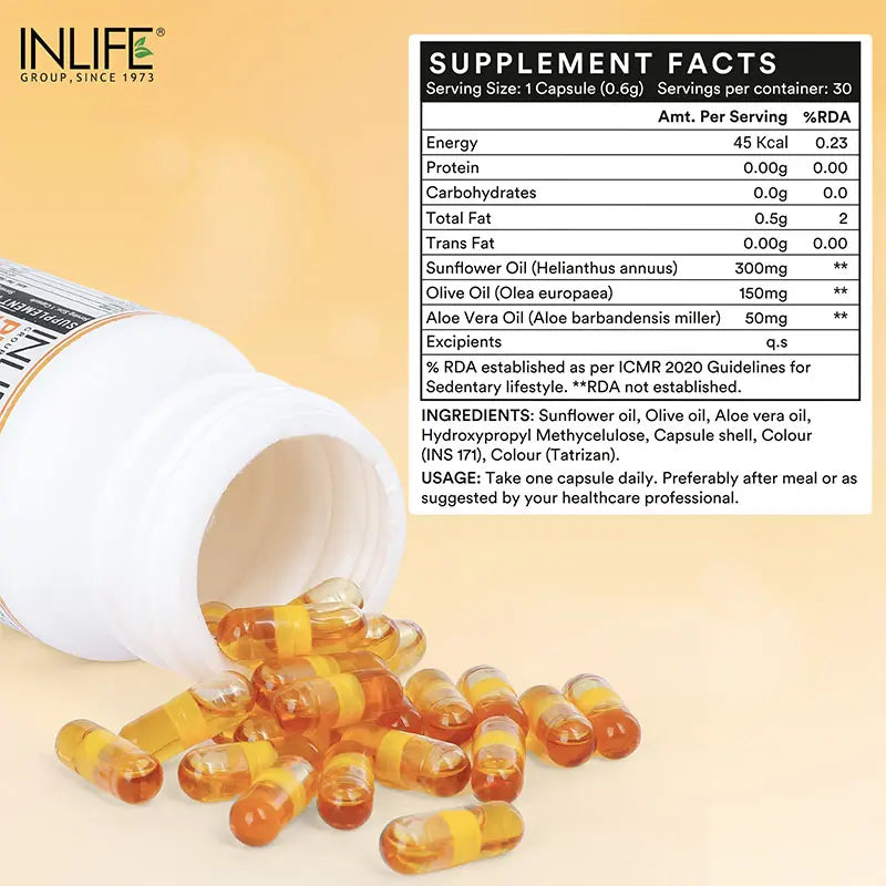 Inlife Plant Based Natural Vitamin E Capsules, Sunflower, Olive & Aloe Vera Oils | Veg. Capsules
