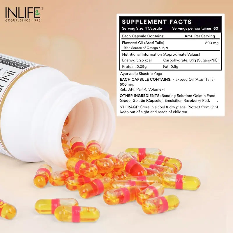 Inlife Flaxseed Oil Omega 3,6,9 Fatty Acids Supplement | 500mg | 60 Capsules