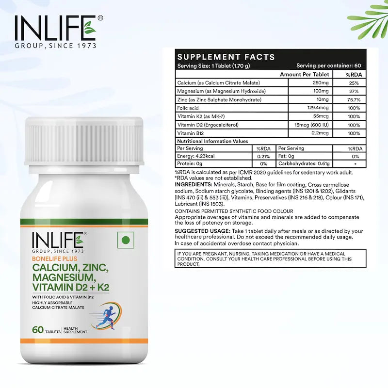 Inlife Bonelife Plus Formula | Calcium Citrate Malate, Magnesium, Zinc, Folic Acid, Vitamin D2, K2 & B12 | Supports Bone & Nutritional Health Tablets