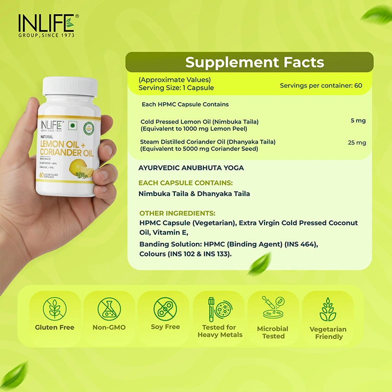 Inlife Natural Lemon & Coriander oil, Liquid-Filled Veg. Capsules