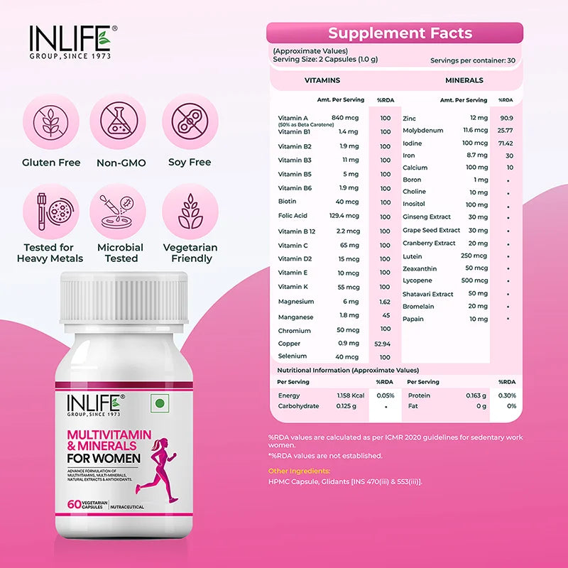 Inlife Multivitamin & Minerals Supplement for Women, Veg. Capsules