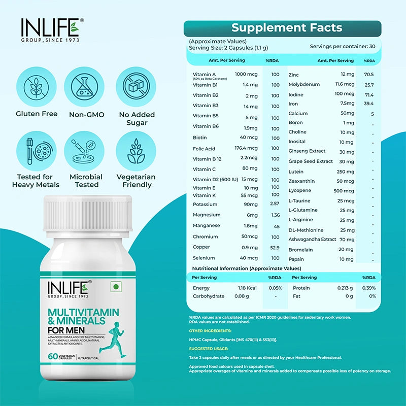 Inlife Multivitamin & Minerals Supplement for Men | Veg. Capsules