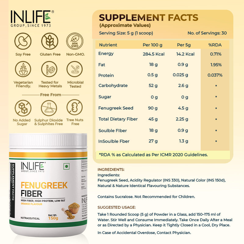 Inlife Fenugreek Fiber Powder | Refreshing Orange Flavor-150g 