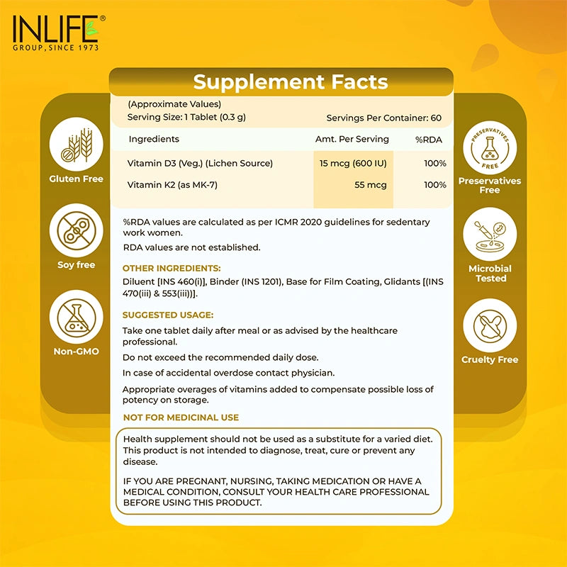 Inlife Plant-Based Vitamin D3 (Lichen) + K2 (MK7), Tablets