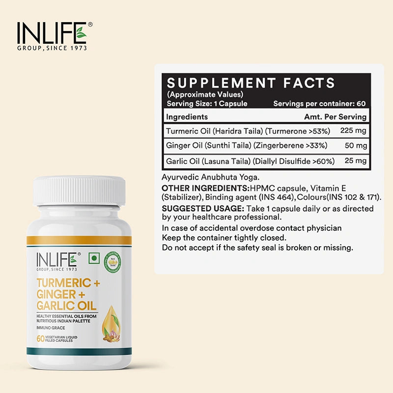 Inlife Turmeric Oil, Ginger Oil, Garlic Oil Supplement, Veg. Capsules