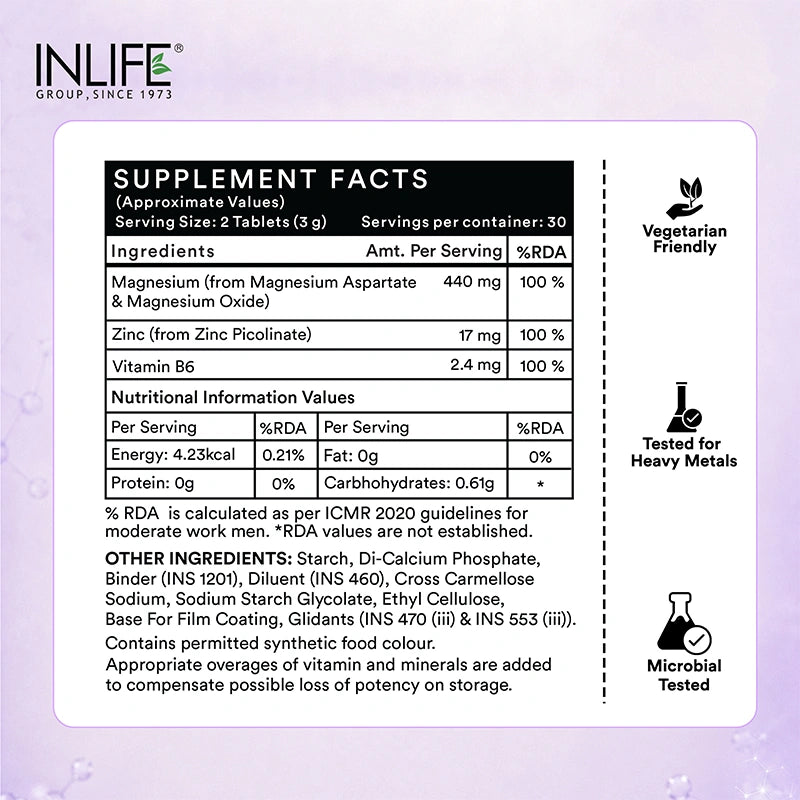 Inlife ZMA Triple Strength Zinc Magnesium and Vitamin B6 Supplement, Veg. Tablets