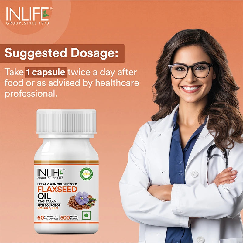 Inlife Flaxseed Oil Omega 3, 6, 9 Fatty Acids Supplement | 500mg | Veg. Capsules