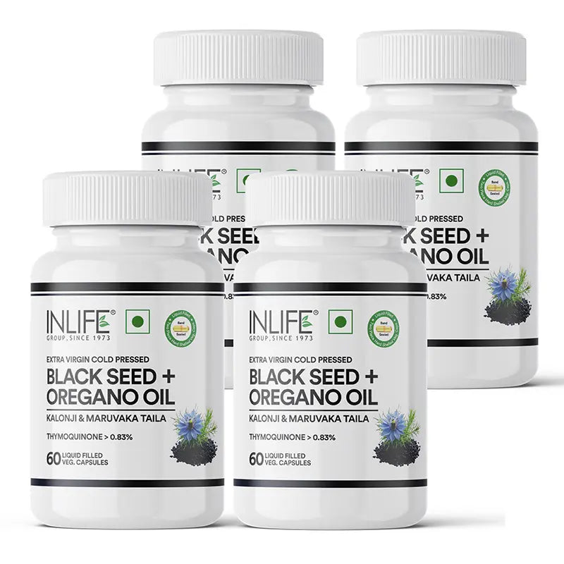 Inlife Black Seed Oil (480 mg) & Oregano Oil (20 mg, 50:1) Capsules, Extra Virgin Cold-Pressed | Thymoquinone > 0.83% | Carvacrol > 80% | Liquid-Filled Veg Capsules