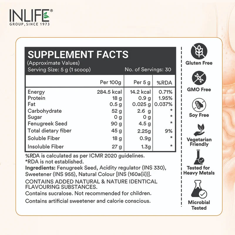 Inlife Fenugreek Fiber Powder, Refreshing Orange Flavor