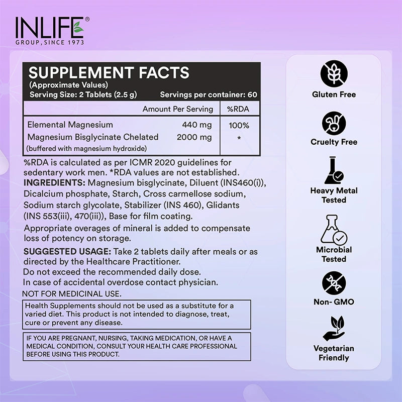 Inlife Magnesium Glycinate Forte 440 mg (Elemental Mg.) Tablets.