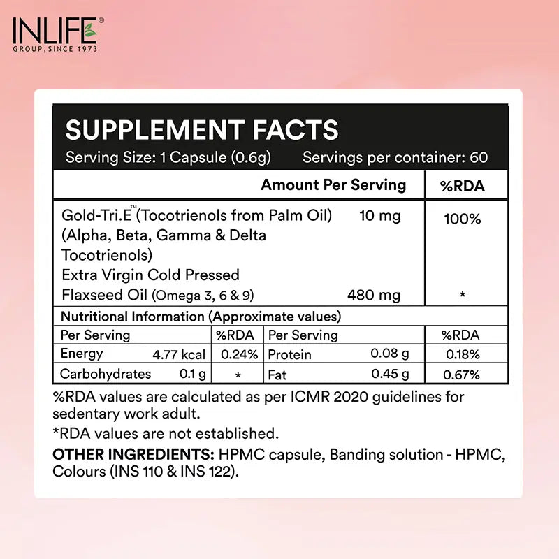 Inlife Tocotrienol Oil 10mg (Gold Tri.E™) & Flaxseed Oil 480mg Capsules | Extra Virgin Cold-Pressed Oil Omega-3, 6 & 9 |Plant-Based Formula| Veg Capsules