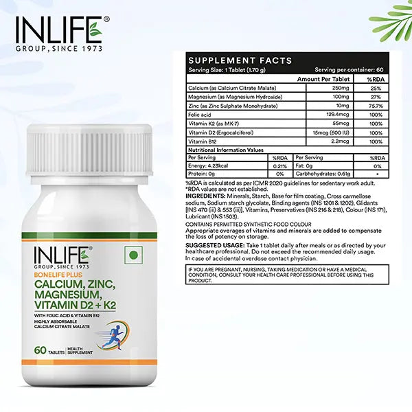 Inlife Bone Support Formula |Calcium Citrate Malate, Magnesium, Zinc, Folic Acid, Vitamin D2, K2 & B12| Supports Bone & Nutritional Health| 60 Tablets