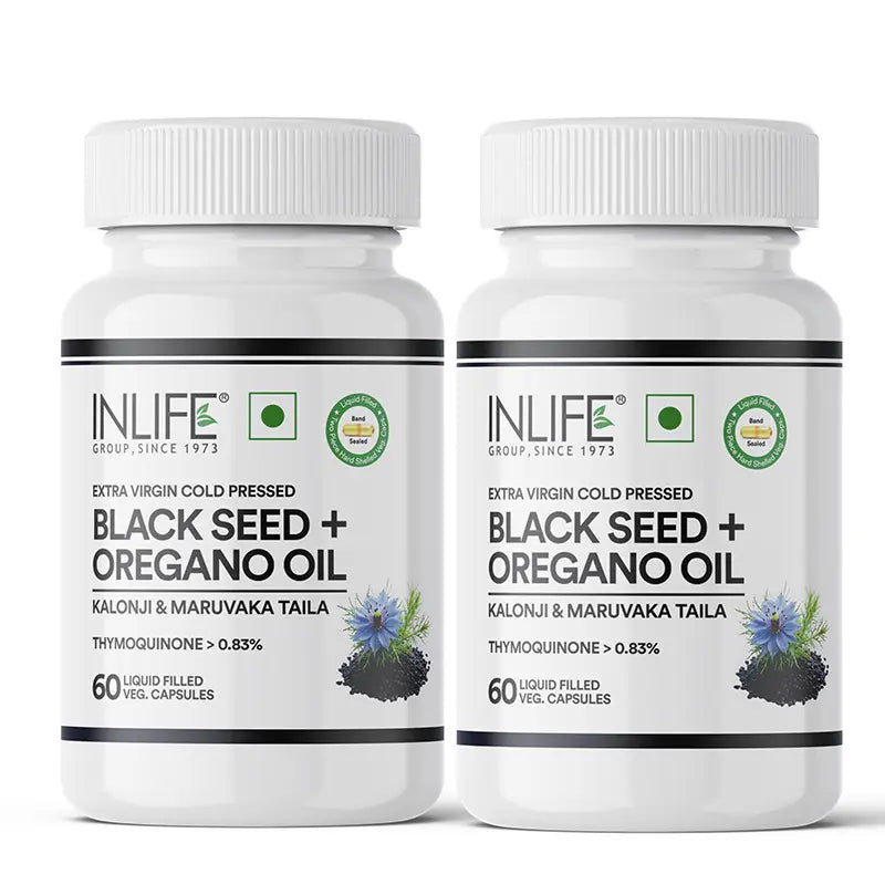 Inlife Black Seed Oil (480 mg) & Oregano Oil (20 mg, 50:1) Capsules, Extra Virgin Cold-Pressed | Thymoquinone > 0.83% | Carvacrol > 80% | Liquid-Filled Veg Capsules