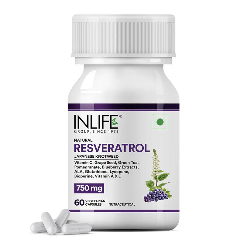 Inlife Natural Resveratrol Japanese Knotweed 750 mg | Antioxidant-Rich Supplement with Grape Seed, Green Tea, Vitamin C, L-Glutathione & Bioperine | Veg Capsules