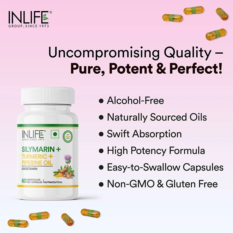 Inlife Silymarin Oil Capsules 200 mg with Turmeric & Piperine | Milk Thistle Extract Capsules for Liver Support & Antioxidant Formula | Veg. Capsules