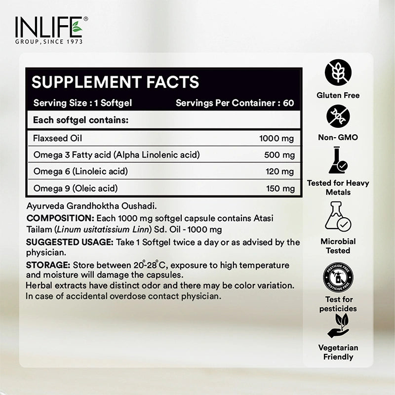 Inlife Flaxseed Oil Capsules Omega 3 6 9 Supplement | 1000mg | Softgels