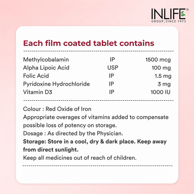 Inlife Vitamin B12 Methylcobalamin 1500mcg with ALA, Nurospan, 60 Tablets