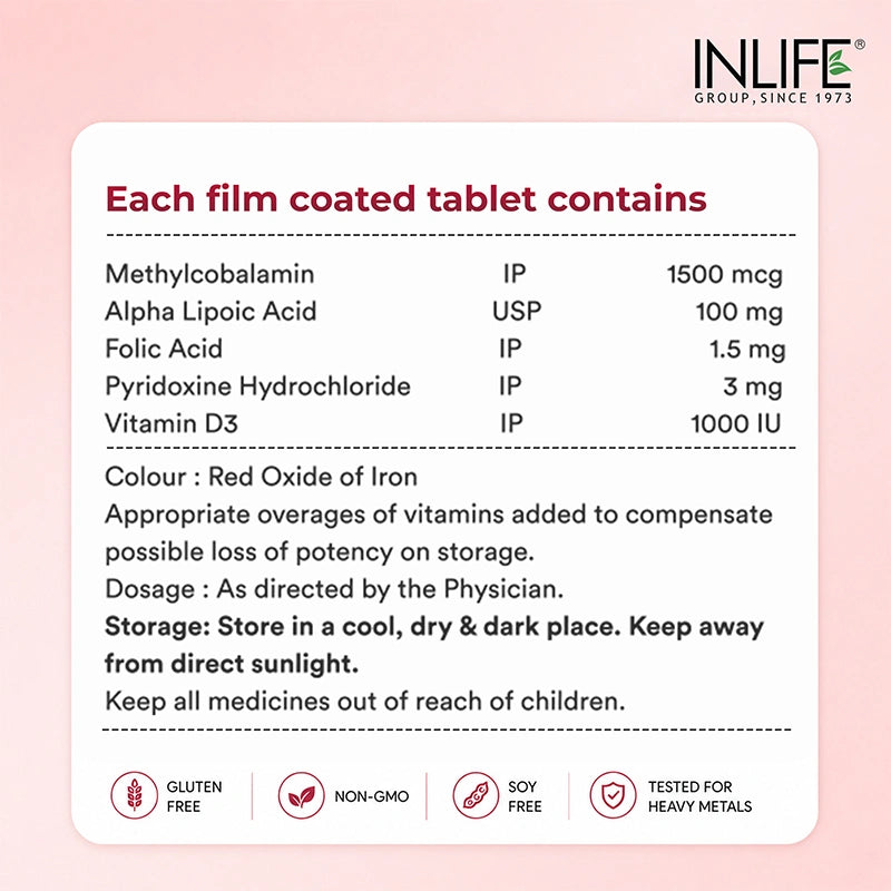 Inlife Vitamin B12 Methylcobalamin 1500mcg with ALA, Nurospan, 60 Tablets