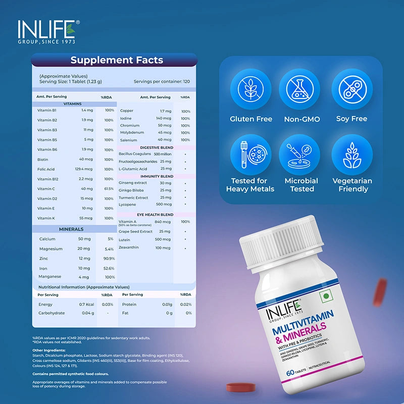Inlife Multivitamin and Minerals Supplement with Ginseng, Grape Seed, Lutein & Probiotics, Veg. Tablets