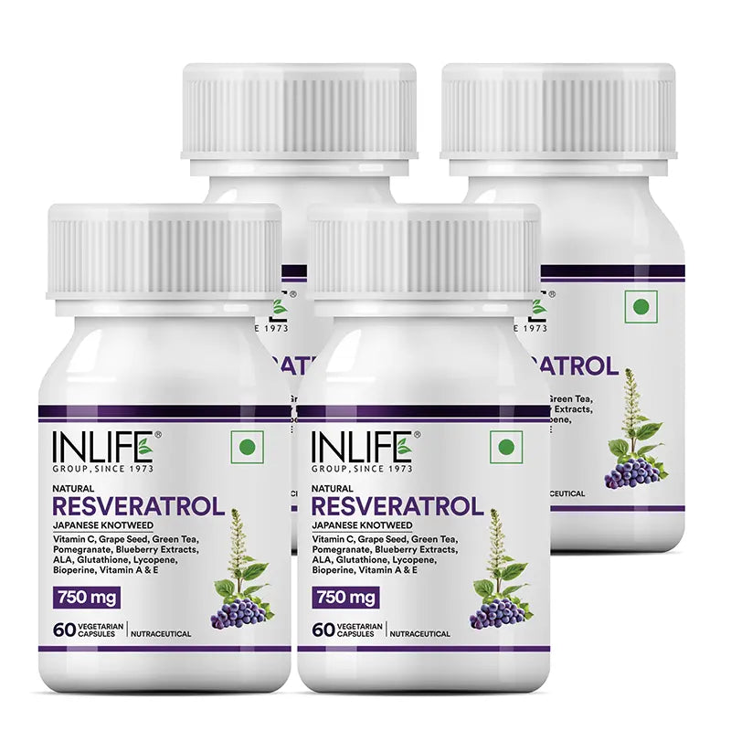 Inlife Natural Resveratrol Japanese Knotweed 750 mg | Antioxidant-Rich Supplement with Grape Seed, Green Tea, Vitamin C, L-Glutathione & Bioperine | Veg Capsules