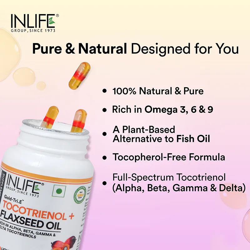 Inlife Tocotrienol Oil 10mg (Gold Tri.E™) & Flaxseed Oil 480mg Capsules | Extra Virgin Cold-Pressed Oil Omega-3, 6 & 9 |Plant-Based Formula| 60 Veg Capsules