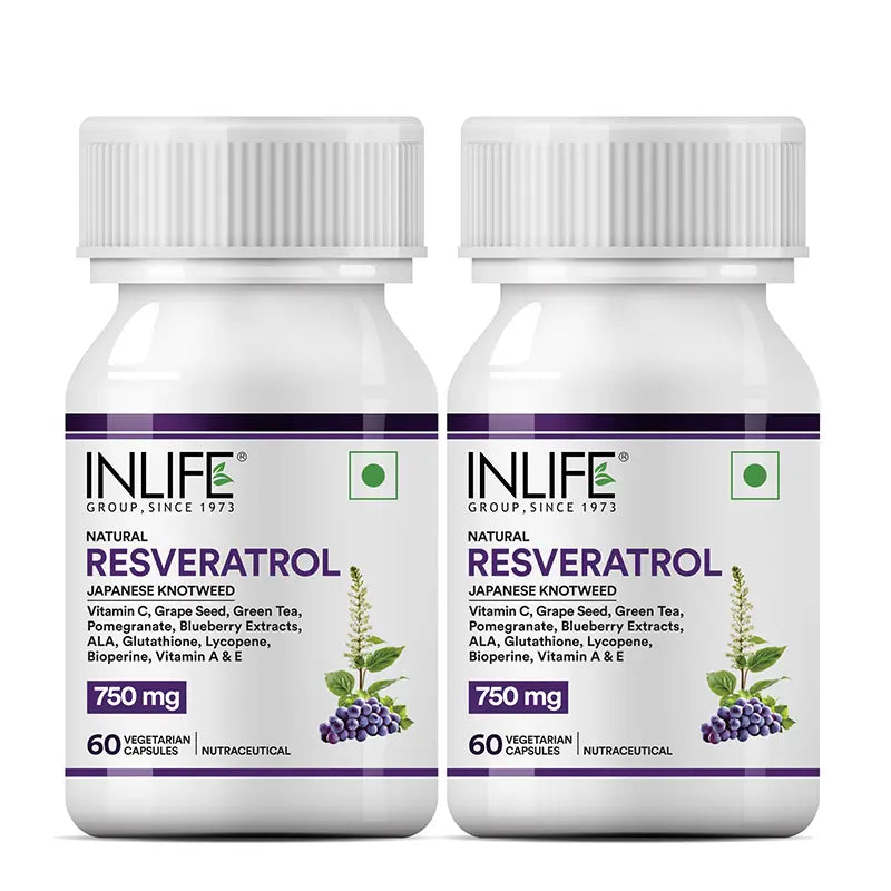 Inlife Natural Resveratrol Japanese Knotweed 750 mg | Antioxidant-Rich Supplement with Grape Seed, Green Tea, Vitamin C, L-Glutathione & Bioperine | Veg Capsules