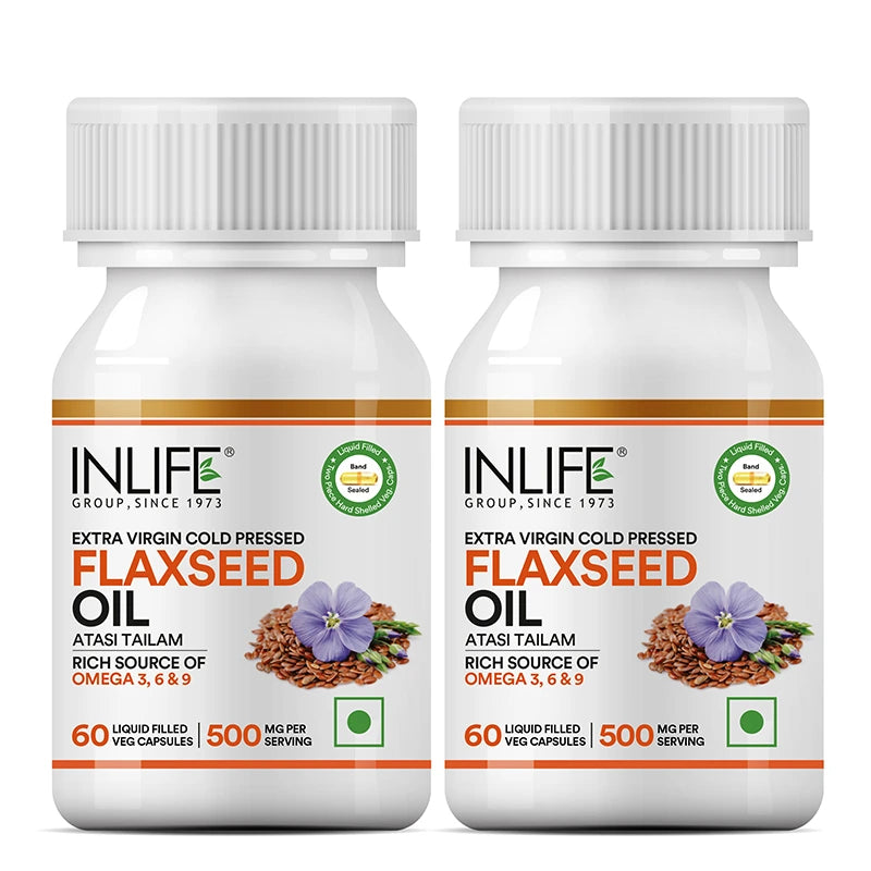 Inlife Flaxseed Oil Omega 3, 6, 9 Fatty Acids Supplement | 500mg | Veg. Capsules