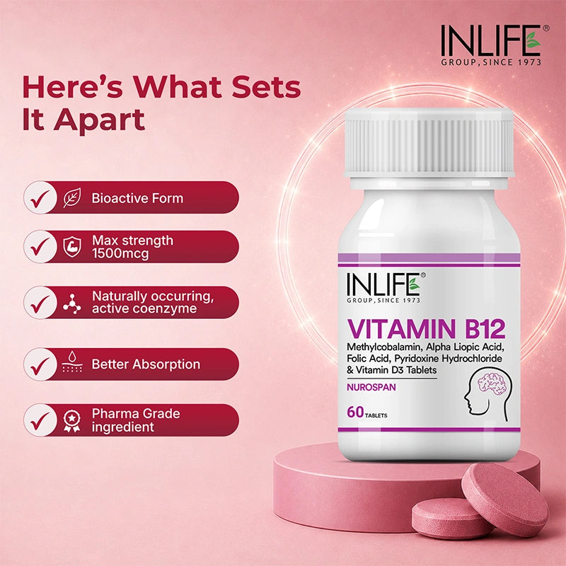 Inlife Vitamin B12 Methylcobalamin 1500mcg with ALA, Nurospan, 60 Tablets