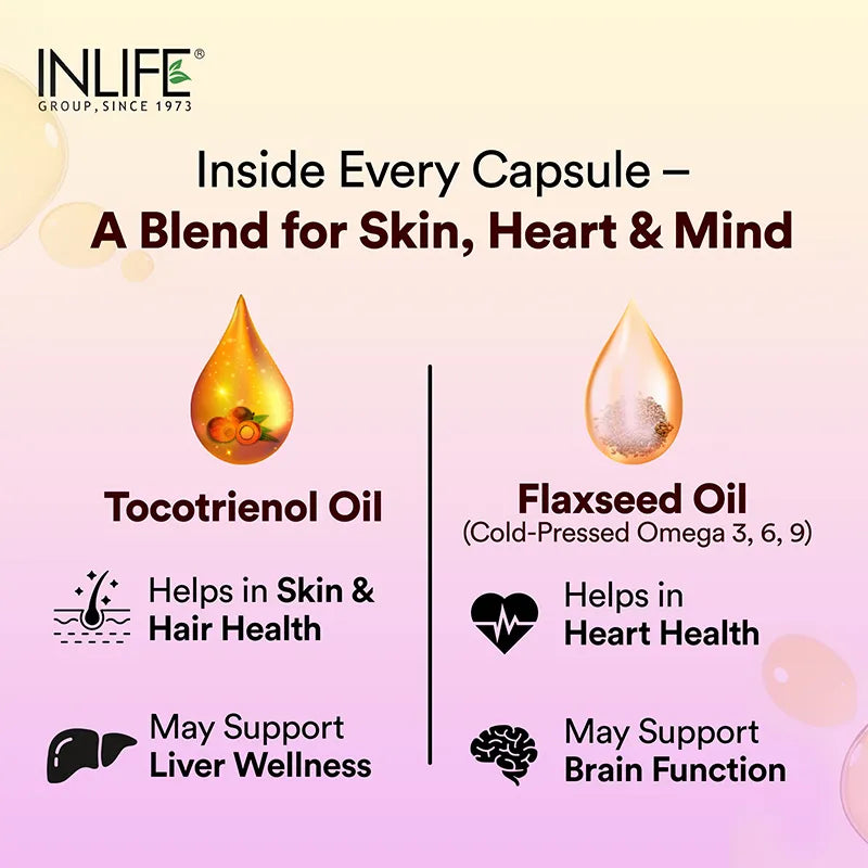 Inlife Tocotrienol Oil 10mg (Gold Tri.E™) & Flaxseed Oil 480mg Capsules | Extra Virgin Cold-Pressed Oil Omega-3, 6 & 9 |Plant-Based Formula| 60 Veg Capsules
